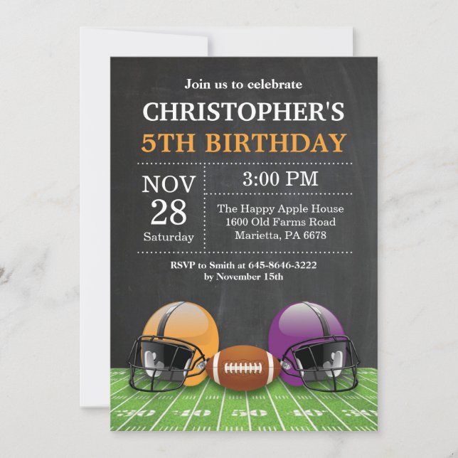 Football Birthday Party Gold Yellow Purple Invitation (Front)