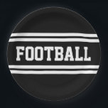 FOOTBALL Bold Athletic Black White Racing Stripes Paper Plate<br><div class="desc">This sporty design features bold athletic FOOTBALL text inside wide twin horizontal white racing stripes against black background.</div>
