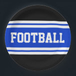 FOOTBALL Bold Bright Blue Black White Stripes Paper Plate<br><div class="desc">This sporty,  athletic design features bold FOOTBALL text inside a highlighted wide bright blue stripe with white stripes against a black background.   The text can be personalised.</div>