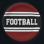 FOOTBALL Bold Red Black White Racing Stripes Paper Plate<br><div class="desc">This sporty,  athletic design features bold FOOTBALL text inside a highlighted wide black stripe with double white racing stripes against deep red background.   The text in this design can be personalised.</div>
