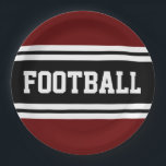 FOOTBALL Bold Red Black White Racing Stripes Paper Plate<br><div class="desc">This sporty,  athletic design features bold FOOTBALL text inside a highlighted wide black stripe with double white racing stripes against deep red background.   The text in this design can be personalised.</div>