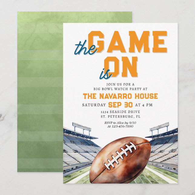 Football Bowl Game Watch Party Invitation (Front/Back)