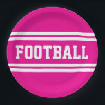 FOOTBALL Bright Athletic Pink White Racing Stripes Paper Plate<br><div class="desc">This sporty design features bold athletic FOOTBALL text inside wide twin horizontal white racing stripes against bright pink background.</div>
