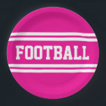 FOOTBALL Bright Athletic Pink White Racing Stripes Paper Plate<br><div class="desc">This sporty design features bold athletic FOOTBALL text inside wide twin horizontal white racing stripes against bright pink background.</div>