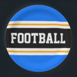 FOOTBALL Bright Blue Black White Yellow Stripes Paper Plate<br><div class="desc">This sporty,  athletic design features bold FOOTBALL text inside a wide black centre horizontal stripe adjoined with white and golden yellow racing stripes against bright blue outer stripes.   The text can be personalised.</div>