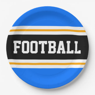 FOOTBALL Bright Blue Black White Yellow Stripes Paper Plate
