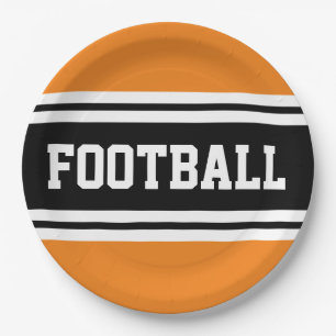 FOOTBALL Bright Orange Black White Racing Stripes Paper Plate