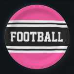 FOOTBALL Bright Pink Black White Racing Stripes Paper Plate<br><div class="desc">This sporty,  athletic design features bold FOOTBALL text inside a highlighted wide black stripe with double white racing stripes against bright pink background.   The text in this design can be personalised.</div>