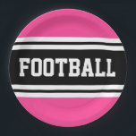 FOOTBALL Bright Pink Black White Racing Stripes Paper Plate<br><div class="desc">This sporty,  athletic design features bold FOOTBALL text inside a highlighted wide black stripe with double white racing stripes against bright pink background.   The text in this design can be personalised.</div>