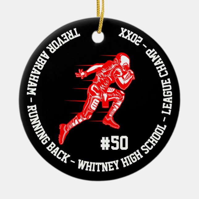 Football Champion Player Monogram Team School Red Ceramic Tree Decoration (Front)