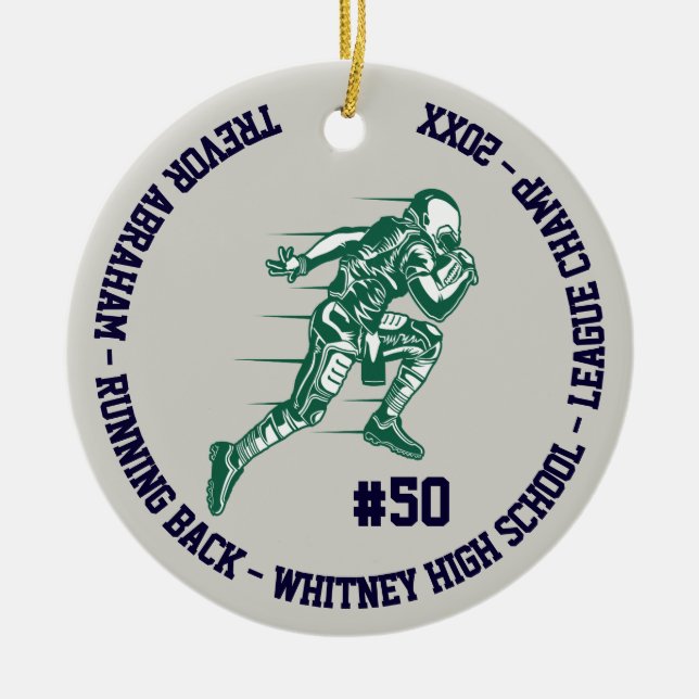 Football Champion Player School Green Blue Gray Ceramic Tree Decoration (Front)