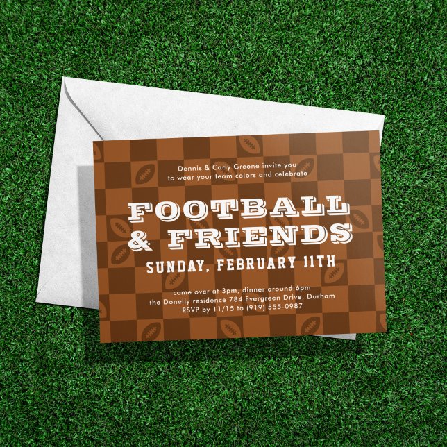 Football Chequerboard Big Game Watch Party Invitation (Football party invitation in pigskin with a fun brown checkerboard pattern)