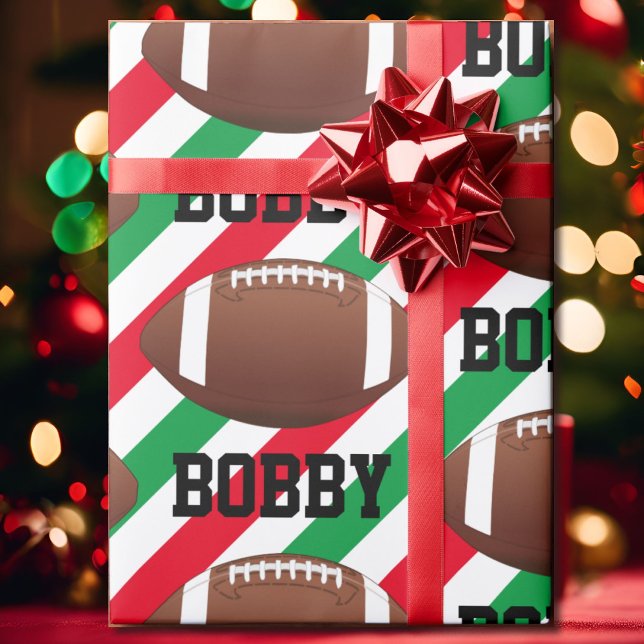 Football Christmas Add Name Stripe Red & Green Wrapping Paper (Creator Uploaded)