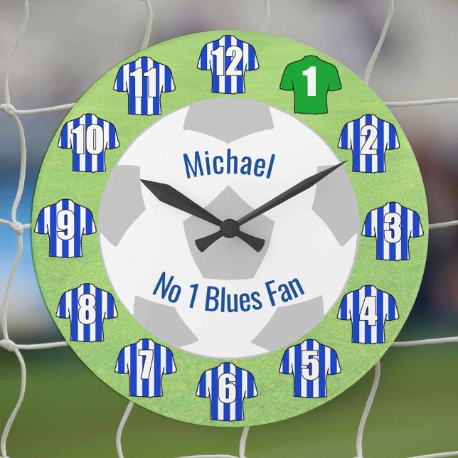 Football Clock - Blue and White Striped Shirts (Blue and white striped football shirts on a clock for the number one fan.)