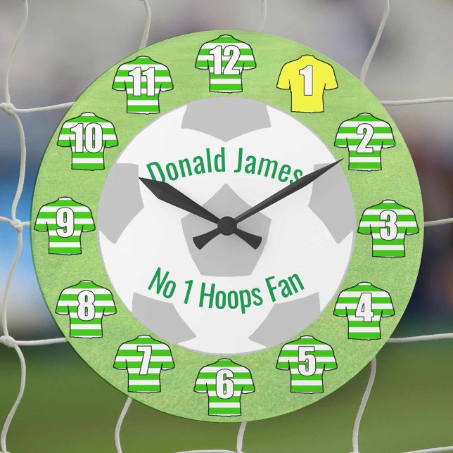 Football Clock - Green Hooped Shirts (Green and white hoops on football shirts. Celtic style football shirts on a clock.)