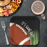 Football Field Game Day Square Paper Plate<br><div class="desc">Customisable paper plates in 2 SIZES - 9" Dinner and 7" Snack feature a football on football field yard lines and the words "It's Game Day!"  MATCHING items in our store.</div>