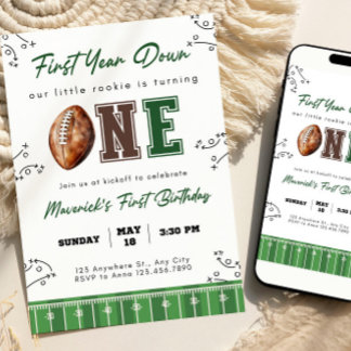 Football First Birthday Invite, First Year Down In Invitation