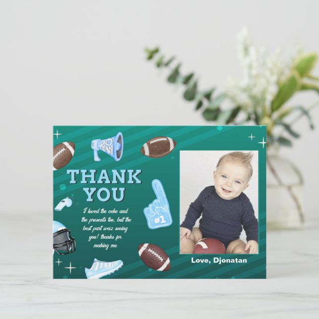 Football  First Birthday Thank You Card with Photo (Standing Front)
