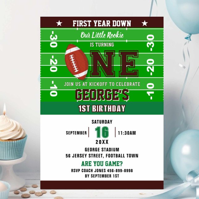 Football First Year Down 1st Birthday Game On Invitation (Creator Uploaded)