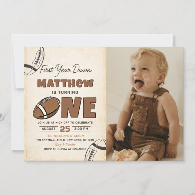 Football First Year Down 1st Birthday Invitation (Front)