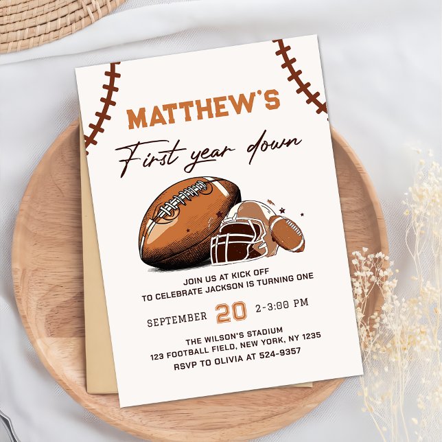 Football First Year Down 1st Birthday Invitation (Creator Uploaded)