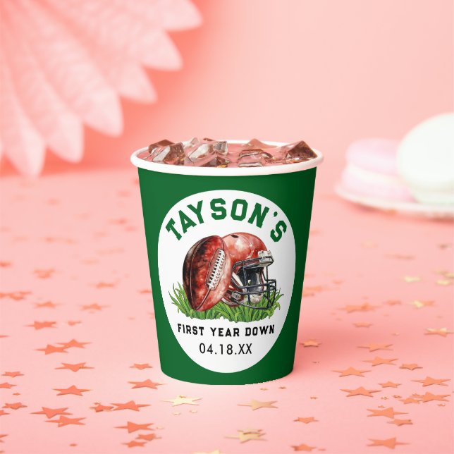 Football First Year Down 1st Birthday Paper Cups (Insitu)