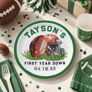 Football First Year Down 1st Birthday Paper Plate