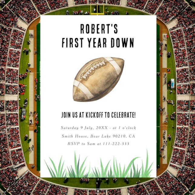 Football First Year Down 1st Birthday Party Invitation (Creator Uploaded)