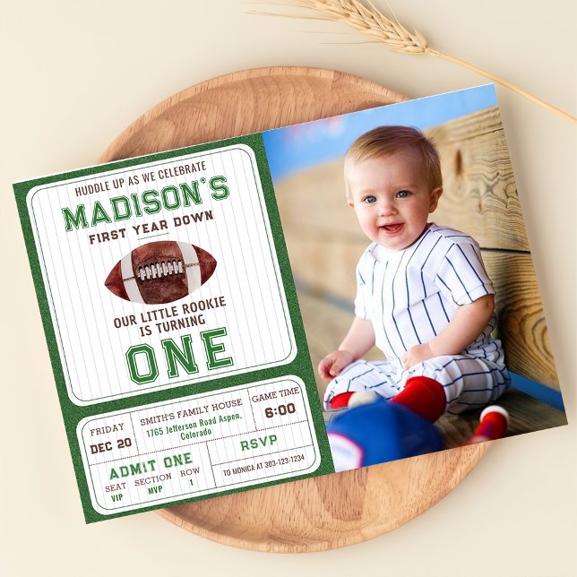 Football First Year Down 1st Birthday Party Photo Invitation (Creator Uploaded)