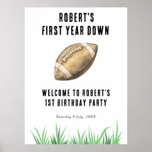 Football First Year Down 1st Birthday Party Poster