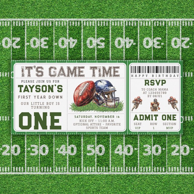 Football First Year Down 1st Birthday Ticket Invitation (Football First Year Down 1st Birthday Ticket Invitation)