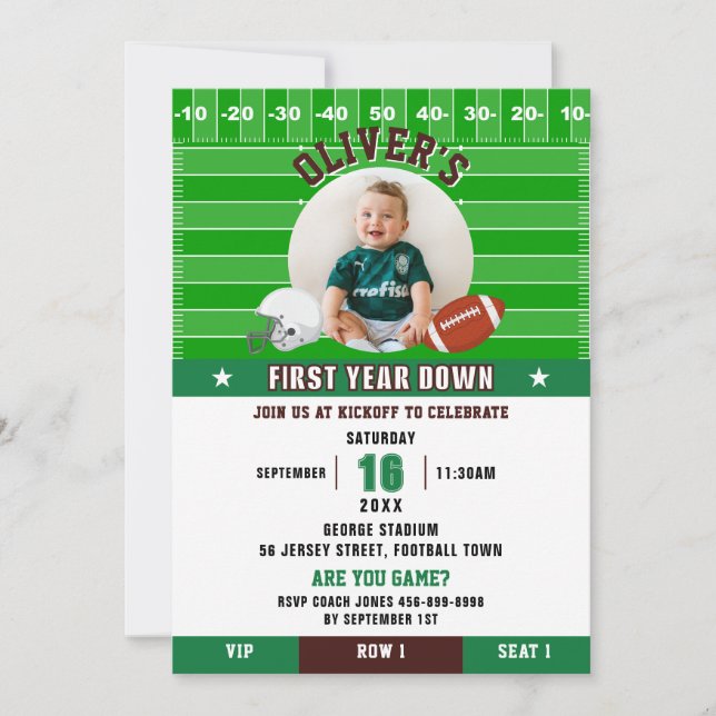 Football First Year Down 1st First Birthday Photo Invitation (Front)