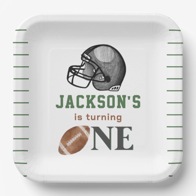 Football First Year Down Birthday Paper Plate (Front)
