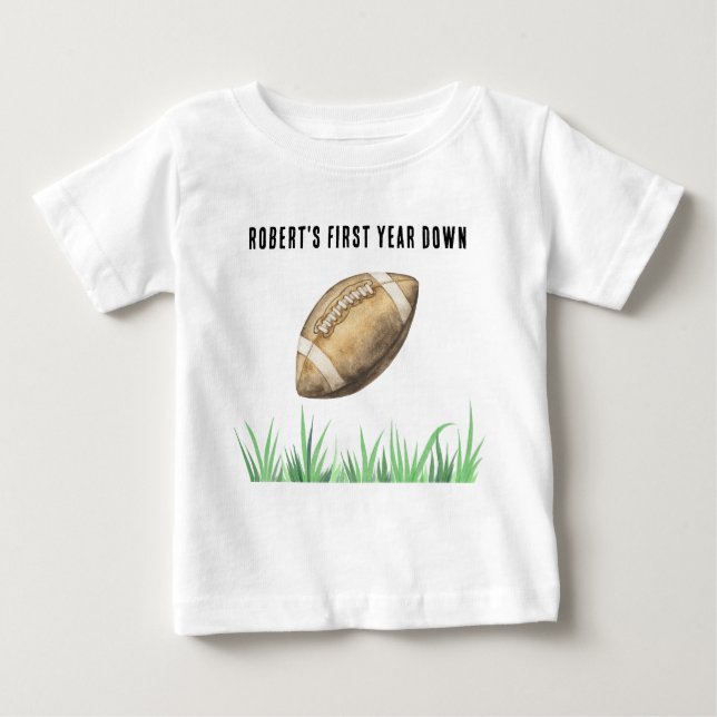 Football First Year Down Birthday Party Baby T-Shirt (Front)