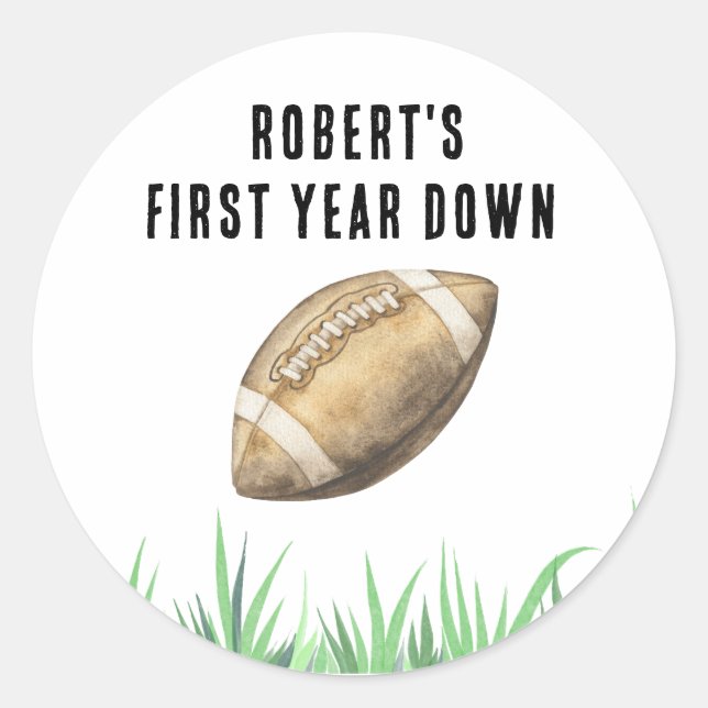 Football First Year Down Birthday Party Classic Round Sticker (Front)