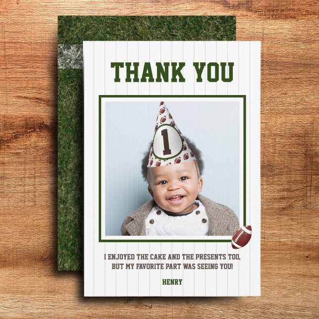 Football First Year Down Birthday Photo Thank You Card (Football thank you card)