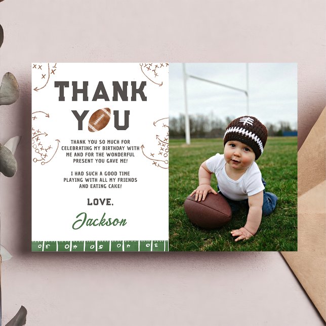 Football First Year Down Birthday Photo Thank You Card (Creator Uploaded)