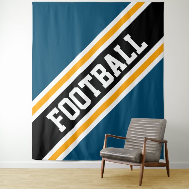 FOOTBALL Fun Bold Teal Blue Black Yellow Stripes Tapestry (In Situ)