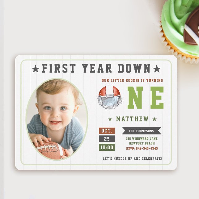 Football Game First Year Down Boy 1st Birthday Invitation (first year down football birthday invitation photo sports boy green boy 1st party invite cute)