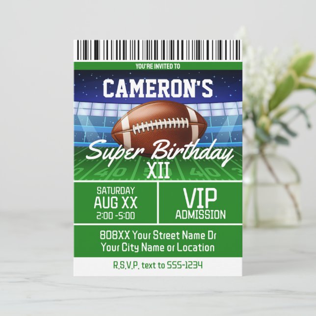 Football Game Ticket on Green Invitation (Standing Front)