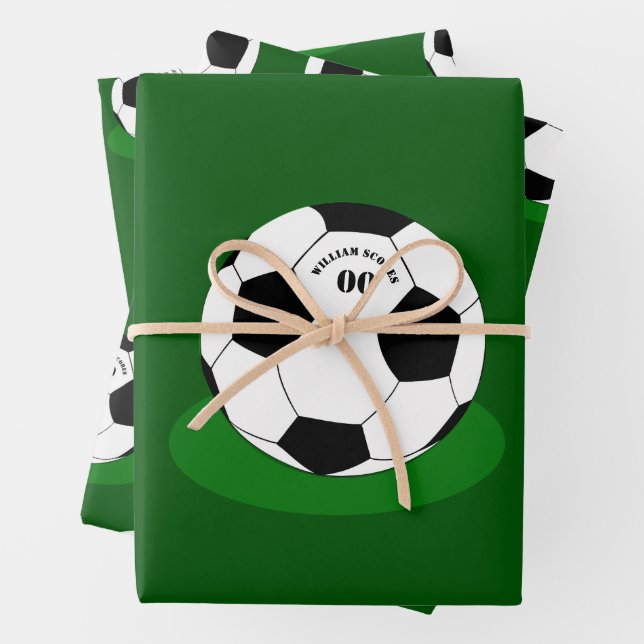 Football Gifts, Soccer Ball with Name & Number Wrapping Paper Sheet (In situ)