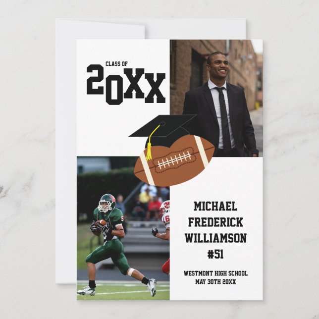 Football Graduation Sports Black and White Invitation (Front)