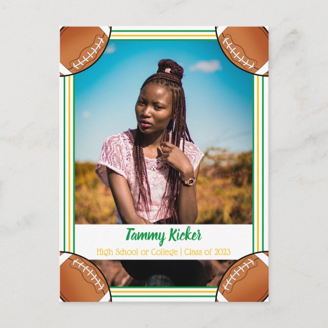 Football Green & Gold Graduation Announcement Postcard (Front)