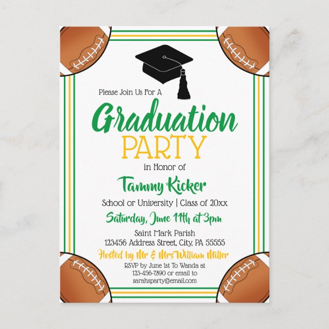 Football Green & Gold Graduation Party Invitation Postcard (Front)