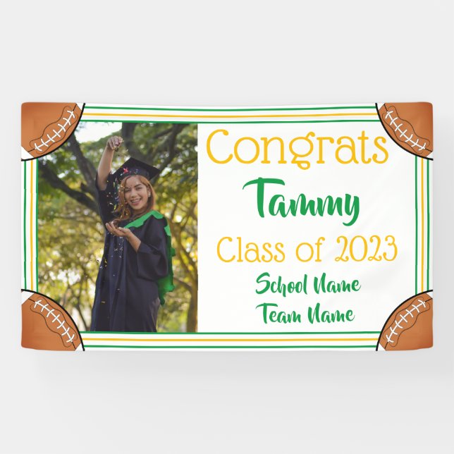 Football Green & Gold One Photo Graduation Banner (Horizontal)