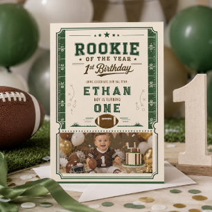 Football Green Rookie 1st Birthday party Invitation