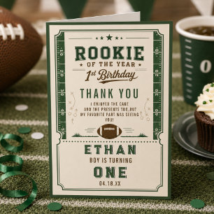 Football Green Rookie 1st Birthday party Thank You Card