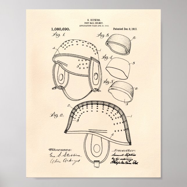 Football Helmet 1913 Patent Art Old Peper Poster (Front)