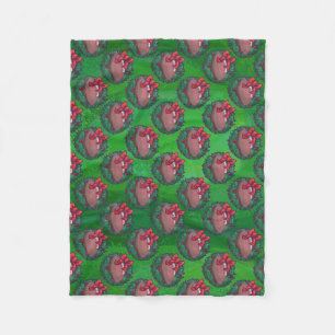Football in Christmas Wreath on Green Fleece Blanket