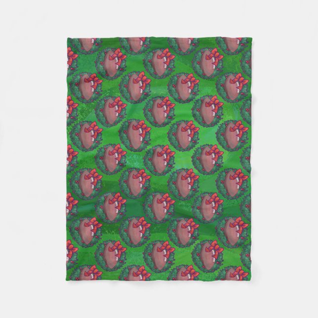 Football in Christmas Wreath on Green Fleece Blanket (Front)